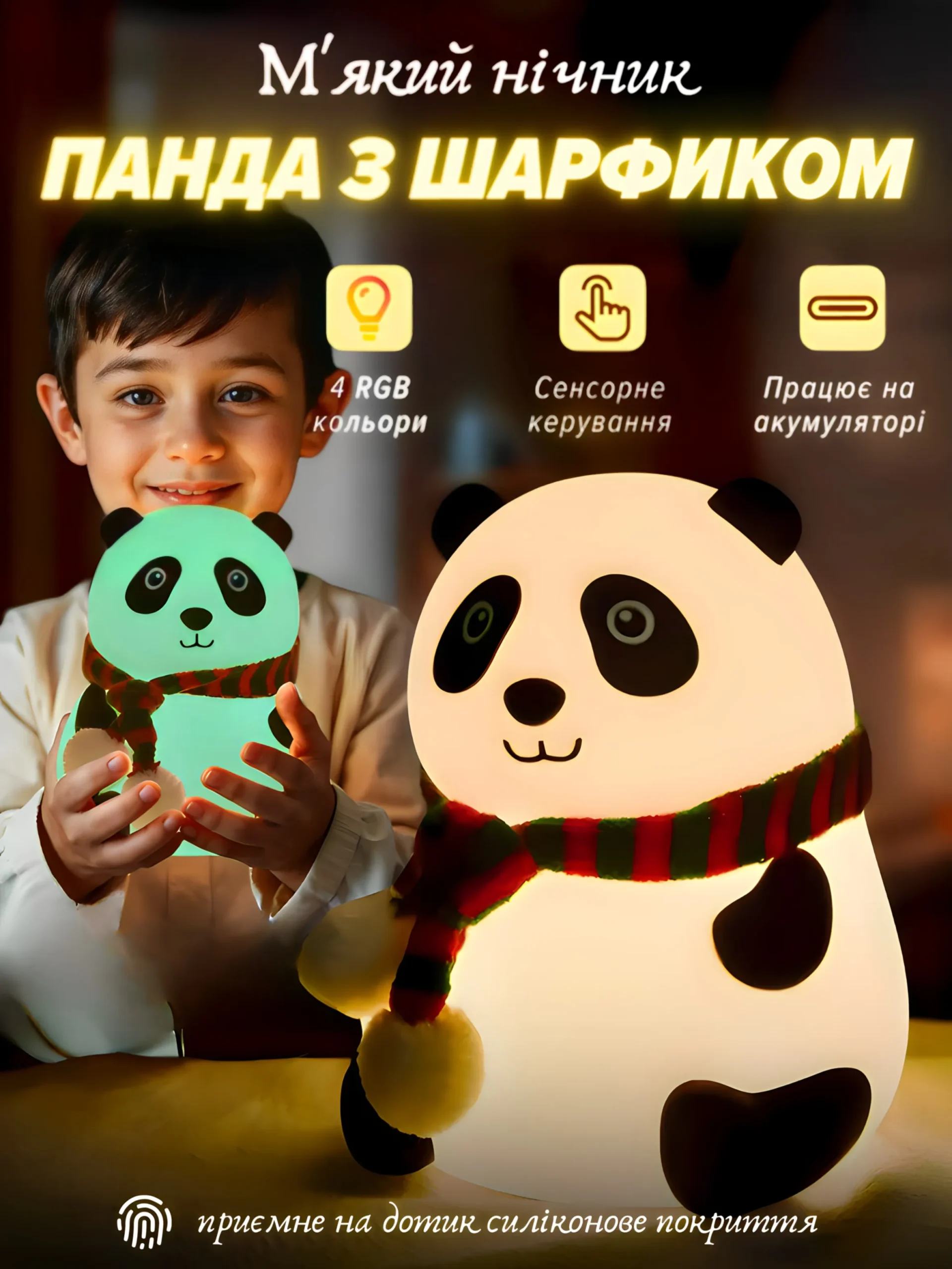 М'який нічник "Панда з шарфиком" RGB