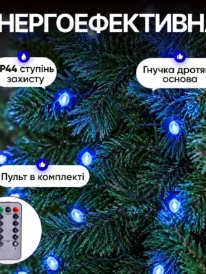 Гірлянда «Кінський хвіст» Мішура 2 м, 20 ниток, 1200 LED, зелений дріт, синє світло, фото 2
