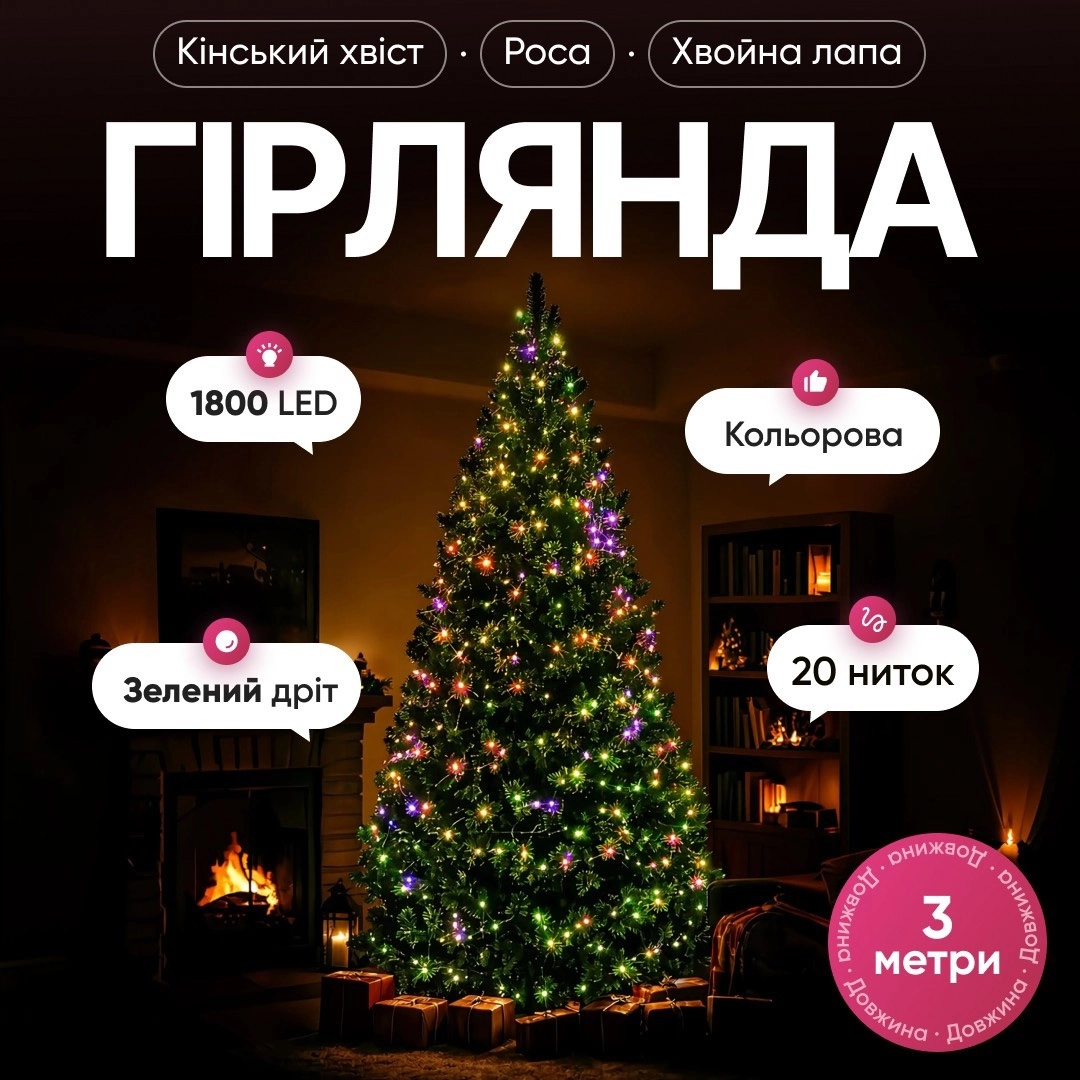 Гірлянда кінський хвіст мішура 3 м мультиколор, прикрашена гірляндою Гірлянда кінський хвіст мішура 3 м мультиколор, прикрашена гірляндою