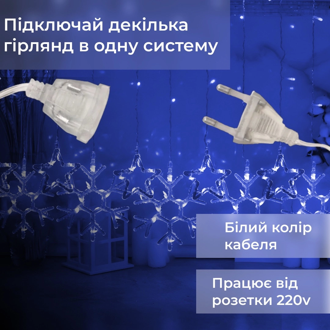 Гірлянда штора сніжинки та зірки синя, фото 2