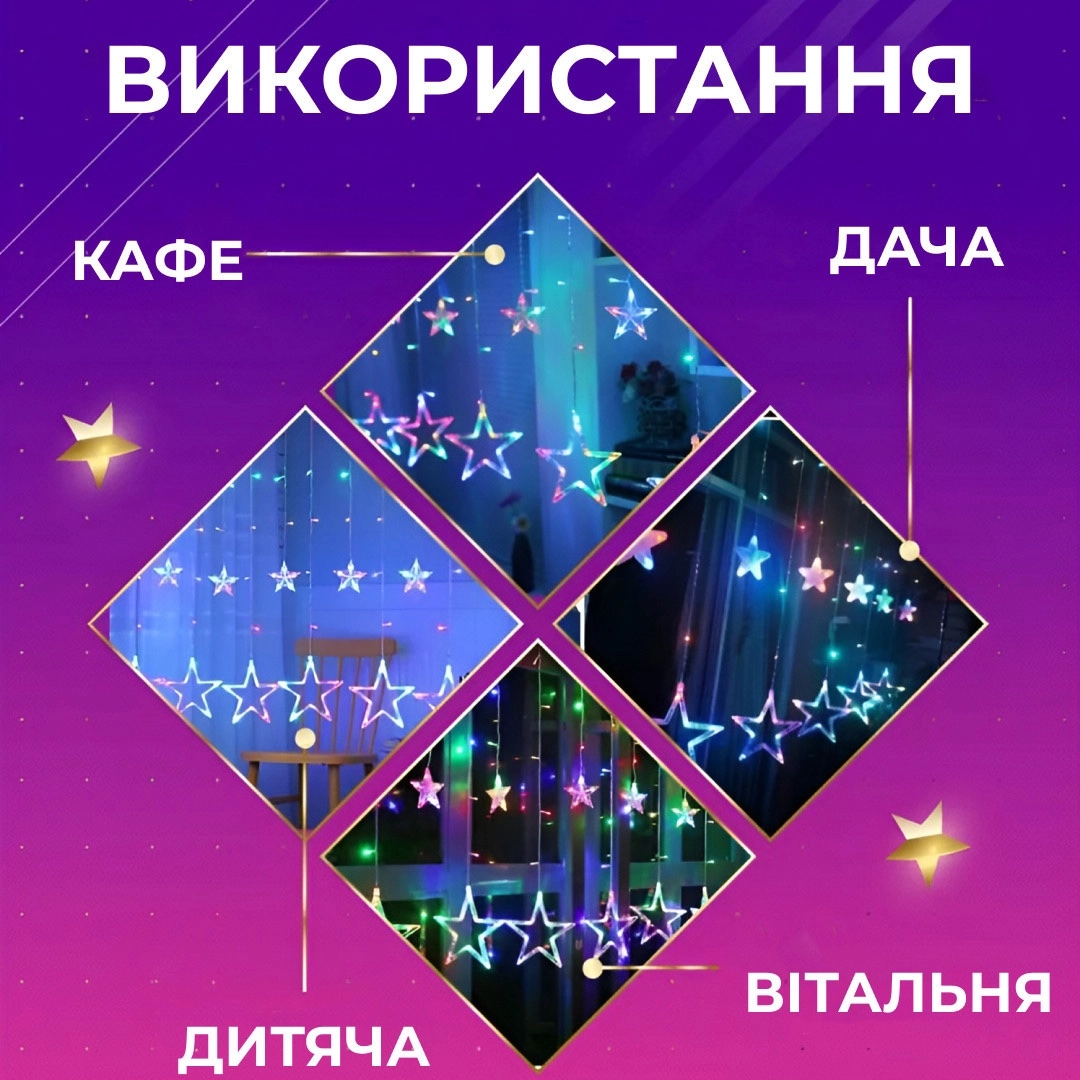 Гірлянда штора зірки мультиколор, фото 2