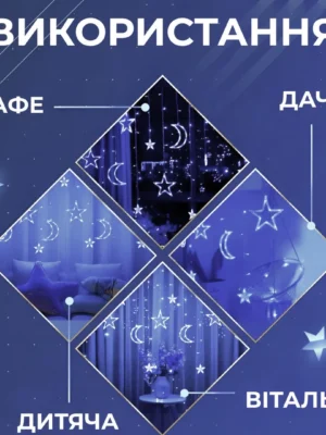 Гірлянда-штора «Зірки та місяць» 3×0,9 м, 108 LED, біле світло, фото 2