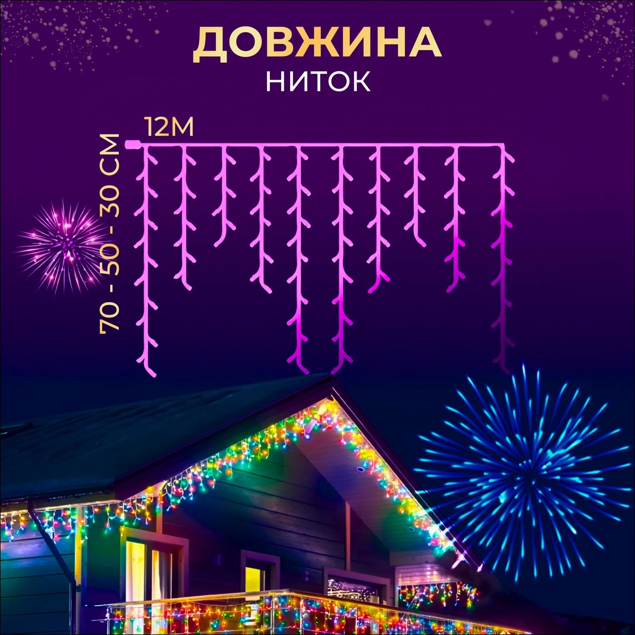 Вулична гірлянда бахрома 12 м мультиколор, фото 2