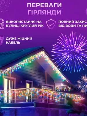 Вулична гірлянда «Бахрома» 3 м, 90 LED, білий дріт, мультиколор, фото 2