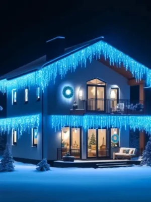 Вулична гірлянда бахрома 50 м синя, моток гірлянди з вилкою